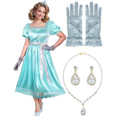 Imagem de KatchOn, Vestido Regency feminino com conjunto de joias – vestido de manga bufante com cintura império | Vestido vitoriano azul com luvas