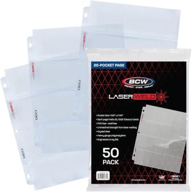 Imagem de BCW LaserWeld Páginas de cartão de tabaco com 20 bolsos | Pacote com 50 | Folhas de armazenamento de arquivo para mini cartões T206 e vintage | Páginas porta-cartões de tabaco para fichários de 3
