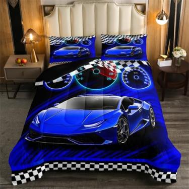 Imagem de Feelyou Conjunto de cama de carro de corrida azul para crianças, meninos, meninas, tamanho king, esportes radicais, adolescentes e adultos, ultramacio, conjunto de edredom de carro de corrida,
