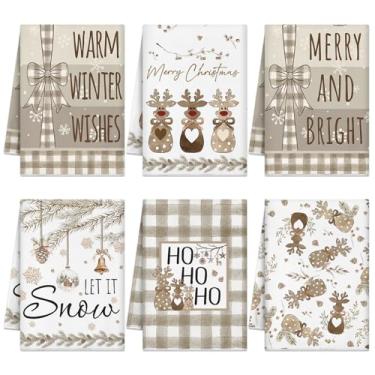 Imagem de Culudea Conjunto de 6 Pçs de Toalhas de Cozinha de Natal Buffalo Xadrez Toalhas de Prato de Mão Rena Pinha Sino Microfibra Kit Rústico Inverno Neutro Cozinha Banheiro Decoração Feriado Presentes