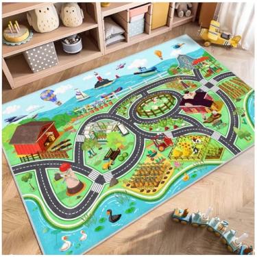Imagem de Fuzorise Tapetes infantis de carro, para sala de jogos, retangular, lavável, antiderrapante, para quarto de meninas e meninos, tapete educacional para crianças, sala de aula.