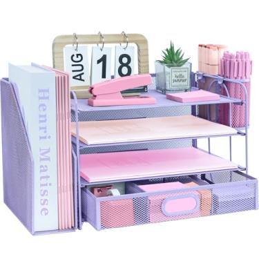Imagem de ideallife Organizadores de mesa e acessórios com suporte de arquivo, organizador de bandeja de papel de 4 camadas com gaveta e 2 porta-canetas, organizador de documentos de mesa de malha para material