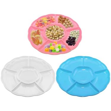 Imagem de CAOXIAOXUYAO Bandejas redondas de plástico de 30,5 cm com 3 unidades, 6 pratos secionais para servir pratos de comida para doces, nozes, vegetais, frutas, ação de graças (3, rosa, azul, branco)