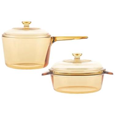 Imagem de Conjunto de panelas de cerâmica de vidro 1L + 1,5L – Panelas de vidro transparentes resistentes ao calor com tampa, alça de fácil aderência e compatibilidade com várias placas de fogão