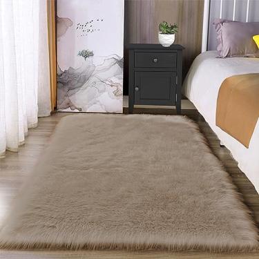 Imagem de Latepis Lavável 3x4 marrom claro pele de carneiro felpudo felpudo tapete de pele sintética para sala de estar, quarto, dormitório, retangular