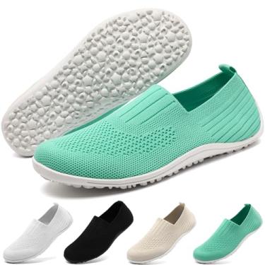 Imagem de YOSFDC Sapatos descalços femininos sem cadarço, tênis de caminhada, corrida, zero queda, minimalista, moderno, bico largo, casual, confortável, verão, mocassim feminino, Verde, 41