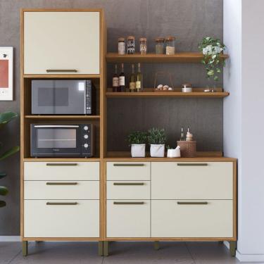 Imagem de Armário de Cozinha com Balcão e Tampo 4 Portas 5 Gavetas Pérola 100% Mdf Vidro Reflecta Amêndoa/Off White - Pnr Móveis