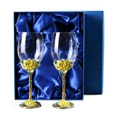 Imagem de Gets Taças de vinho pintadas flor esmaltada taça de vinho de cristal decorativa com caixa de presente azul para aniversário de casamento (amarelo 2 + caixa de presente)