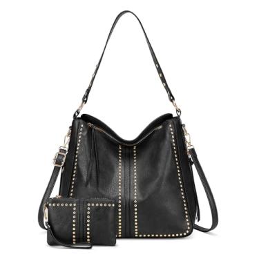 Imagem de BAIGIO Hobo Bolsas femininas conjunto de bolsa e carteira grande Hobo bolsas transversais fashion de couro vegano 2 peças, Preto