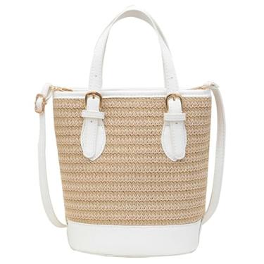 Imagem de Bolsa balde de palha feminina 2025 bolsa transversal de verão bolsa de crochê com alça superior de crochê fofa ombro praia viagem férias, Bege, 23 x 13.5 x 26 cm
