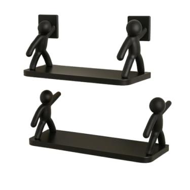 Imagem de Kit Duas Prateleira Estante Bonequinho plástico com suporte decorativa banheiro cozinha C/Adesivo (Preto 2UN)