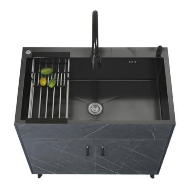 Imagem de Armário de pia de cozinha, pia com pia de aço inoxidável, armário de armazenamento de porta dupla de madeira, armário de pia de lavanderia utilitário (500 x 400 mm/49,8 x 39,9 cm, preto)