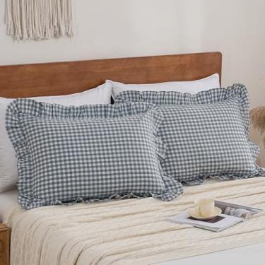 Imagem de YHJWW Blue Gingham Ruffle Fronhas 100% Algodão Lavado como Linho Sensação Macia Confortável Tamanho Padrão Xadrez Bonito Conjunto de 2 Capas de Cama (50 x 66 cm, Fecho de Envelope)