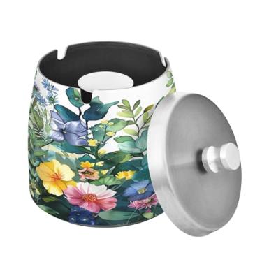 Imagem de Blueangle Cinzeiro colorido de ervas e flores com tampa para cigarros, à prova de vento/chuva, aço inoxidável, sem fumaça, inodoro, cinzeiro para uso interno ou externo (292)