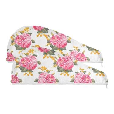 Imagem de SEHANY Toalha de cabelo de microfibra Elegant Roses para mulheres, 2 peças, turbantes de cabelo de secagem rápida com botão, touca de cabelo seco absorvente toalha de secagem de cabelo para cabelos