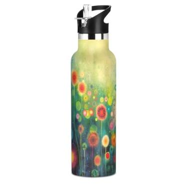 Imagem de ATTX Garrafa de água de pintura de flores coloridas com tampa de palha, copo de aço inoxidável de 590 ml, copo isolado para viagens, ao ar livre #116