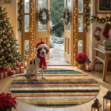 Imagem de jinchan Tapete redondo de 1,5 m, moderno, listrado, lavável, macio, grande, cobertor, antiderrapante, colorido, para quarto, cozinha, sala de jantar, escritório, pinho amanhecer