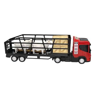 Imagem de Caminhão Boiadeiro com 4 Bois e Acessórios, Vermelho, Polipropileno, 55cm, Inclui Caixa de Feno