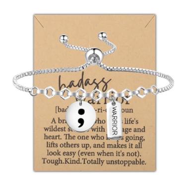 Imagem de FEELMEM Pulseira com pingente de guerreiro ponto e vírgula, joia de conscientização de saúde mental, presente de apoio à prevenção de suicídio, Small, liga metálica, aço inoxidável, Zircônia cúbica