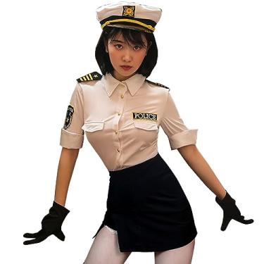Imagem de Conjunto de 3 peças de fantasia feminina sexy de policial minissaia top uniforme com luvas, tema cosplay de festa de Halloween (28-preto, G)