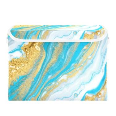 Imagem de CEBUGI Caixotes de armazenamento com tampas, caixa de armazenamento de tecido dobrável, caixas organizadoras de cubo de textura de mármore azul para armário de casa prateleiras de quarto 40 x 30 x 39