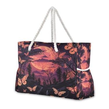 Imagem de Wassud Bolsa de praia laranja claro céu noturno grande bolsa de praia para mulheres, à prova d'água, à prova de areia, bolsa de viagem com zíper e bolso, piscina, academia, acampamento