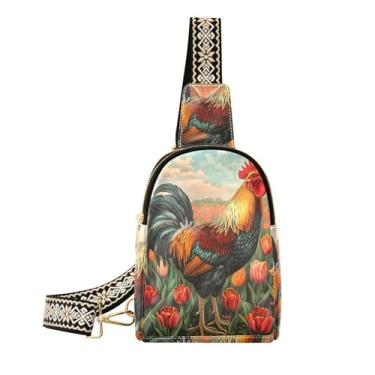 Imagem de CEBUGI Pochete feminina de couro transversal Rooster in Tulipas para trilhas, viagens ao ar livre