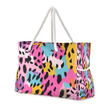 Imagem de Wassud Bolsa de praia colorida com estampa de leopardo grande bolsa de praia para mulheres, impermeável, à prova de areia, bolsa de viagem com zíper e bolso para piscina, academia, acampamento
