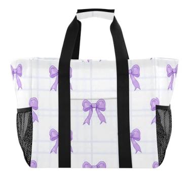 Imagem de Wassud Lavanda Bows Sacola de mercearia reutilizável grande bolsa organizadora de lona impermeável para praia, piquenique, lavanderia, viagem