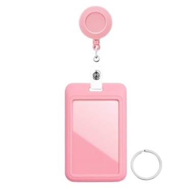 Imagem de Carretel de crachá retrátil com porta-crachá de identificação deslizante de cor lisa, chaveiro, suporte de crachá de plástico rígido para escritório, identificação escolar, crédito, cartão de