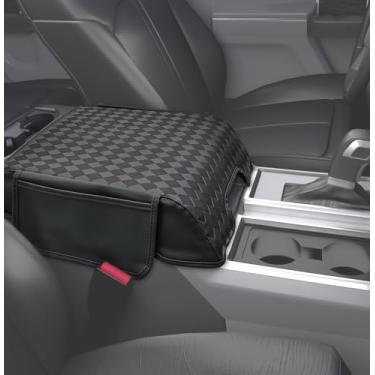Imagem de HmmtyRack Capa de console central compatível com 2015-2020 F150, 2017-2022 F250 F350 F450, Ford Expedition 2018-2024, capa de apoio de braço de couro, almofada de console central com bolsos laterais