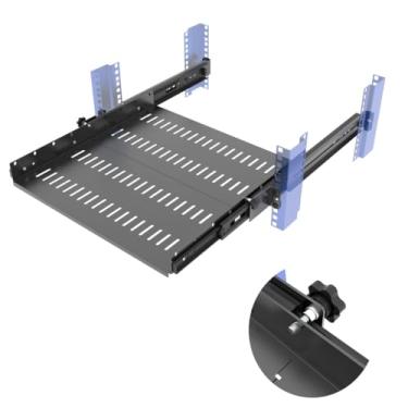 Imagem de JINGCHENGMEI Prateleira deslizante 1U para gabinete de montagem em rack de servidor de 48 cm, profundidade ajustável, montagem em rack de 4 postes, desmontada, preta (37 a 56 cm)