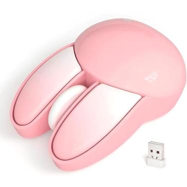 Imagem de Mouse Sem Fio Rosa com Formato de Orelha de Coelho, Conexão 2.4GHz, 1200 DPI, 3 Botões, com Receptor USB