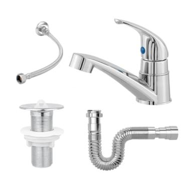 Imagem de kit torneira banheiro bancada abs cromado + válvula 7/8 cromada + engate 30cm + sifão Cromado, Resistente para Lavabo e Renovação