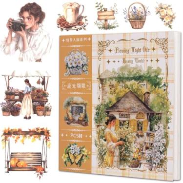 Imagem de YagCu Livro de adesivos de diário de jardim, 50 folhas Washi Junk Journaling, suprimentos para scrapbook, scrapbook aquarela para adultos, artesanato de artes efêmeras decorativas amarelas