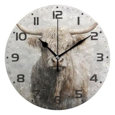 Imagem de JUZIHAI Relógio de parede Highland Cow, silencioso, redondo, sem tique-taque, operado por bateria, fácil de ler, relógio decorativo de parede para casa, cozinha, sala de estar, quarto, escritório, 25