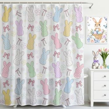 Imagem de Mocsicka Cortina de chuveiro coelhinho da páscoa laços coelhos floral Páscoa primavera banheiro primavera tecido impermeável cortina de chuveiro decoração de banheira com 12 ganchos 182 x 182