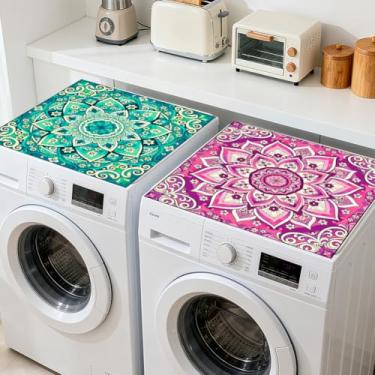 Imagem de GLOBLELAND 2 peças padrão mandala azul verde lavadora secadora capa contra poeira 60 × 23 cm rosa roxo flor máquina de lavar roupa protetor superior almofadas antiderrapantes capas superiores de
