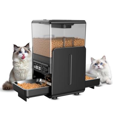 Imagem de CityFlee Alimentador automático de gatos para dois gatos, 5L/20 xícaras, tigela dupla, com altura ajustável, temporizador programável, chamada de voz, alimentação lenta, dispensador automático de