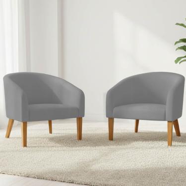 Imagem de Poltrona Sala Decorativa Kit 2 Stella Pé Madeira Trapézio Castanho Sintético Cinza D03 - D'Rossi