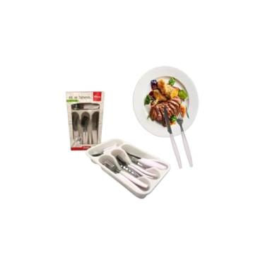 Imagem de Kit de Talheres em Inox com 25 Peças, Salmão, Polipropileno e Aço Inox, com Porta Talher, 6 Facas para Churrasco, 6 Garfos, 6 Colheres de Mesa, 6 Colheres de Chá