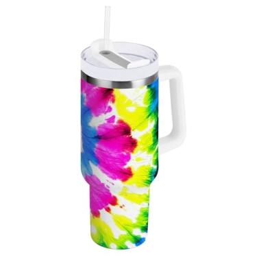 Imagem de ODAWA Copo grande isolado de outono com canudo e alça, copo à prova de vazamento abstrato tie dye