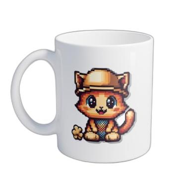 Imagem de Caneca Xícara de Café Porcelana 300ml Gato Pixelado com Capacete de Construção