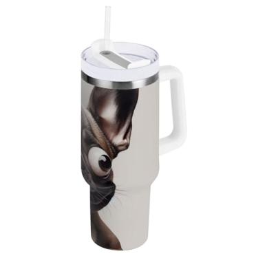Imagem de ODAWA Copo isolado de aço grande com alça e tampa de palha, copos isolados de viagem com buldogue engraçado