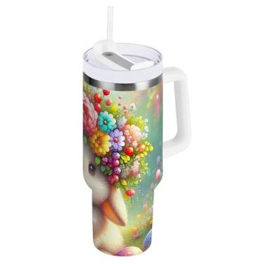 Imagem de ODAWA Copos isolados de aço inoxidável com mola de flores de coelho com alça e palha, garrafa de água isolada grande