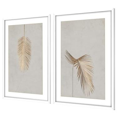 Imagem de Quadros Decorativos com Moldura Sala Quarto Duo Floral Folha de Palmeira Dourada com Textura Quadros e Obras de Arte(Branco 50x70 Com Vidro)