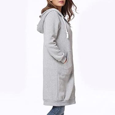 Imagem de Snsowed Nova Moda Feminina Com Capuz Longo Moletom Com Capuz Casaco Casual Bolsos Zíper Sólido Jaqueta (M)
