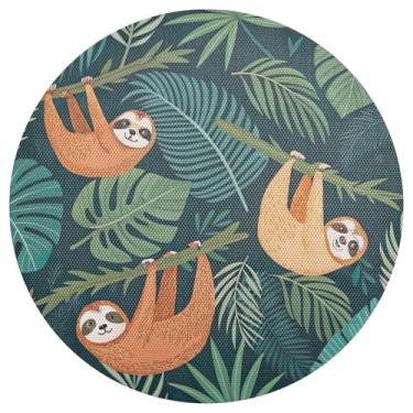 Imagem de Conjunto de 1 jogo americano redondo de PVC durável verde tropical preguiça 38 cm, jogo americano lavável para mesa de jantar