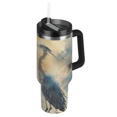 Imagem de Joisal Copos de aço inoxidável com tampas e garrafa de água com tinta de pássaro garça de palha cabe no copo de carro copo reutilizável de 850 g com alça garrafa de água isolada