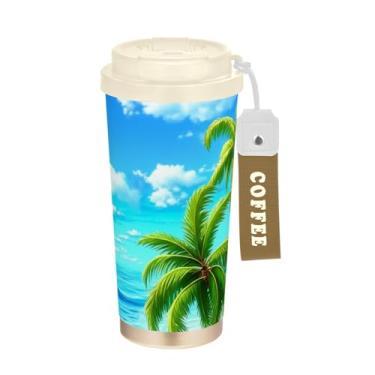 Imagem de Caneca de viagem de café 40 ml com revestimento cerâmico, copo de café de viagem de aço inoxidável com canudo e tampa, copo isolado a vácuo, palmeiras tropicais de praia